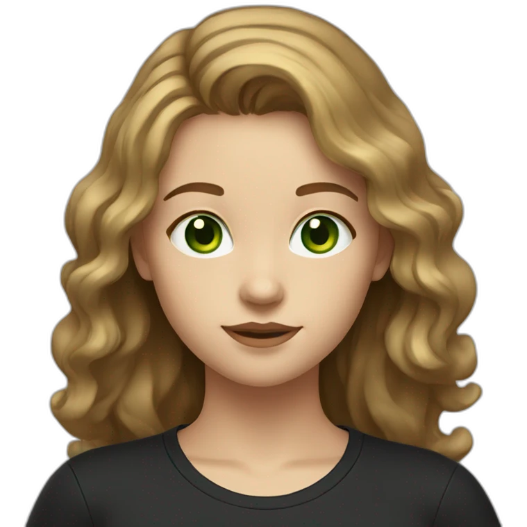 Girl with wavy light brown hair and green eyes in a black t shirt emoji