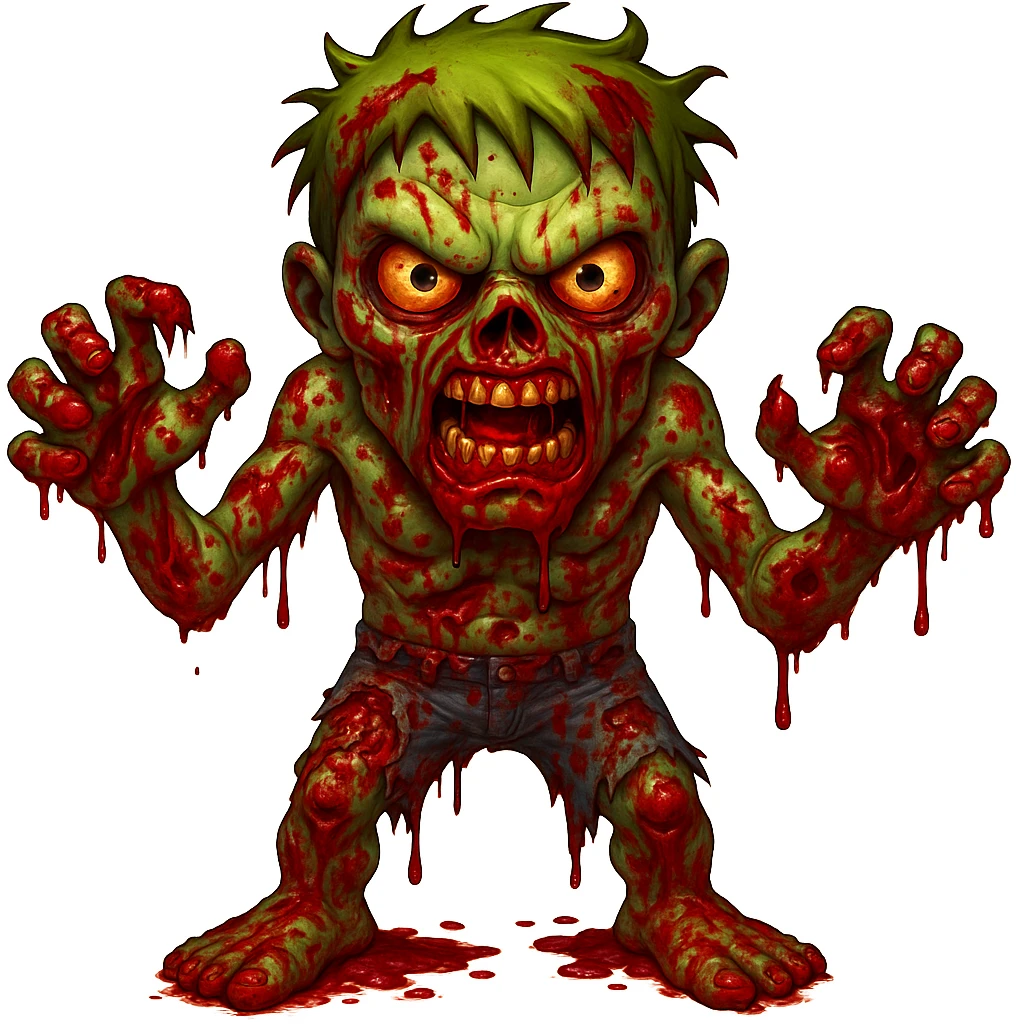 Add more gore, blood, and wounds to the angry zombie with green skin emoji style. Keep the emoji style with vivid gore, blood, and wounds details on the green-skinned angry zombie. emoji