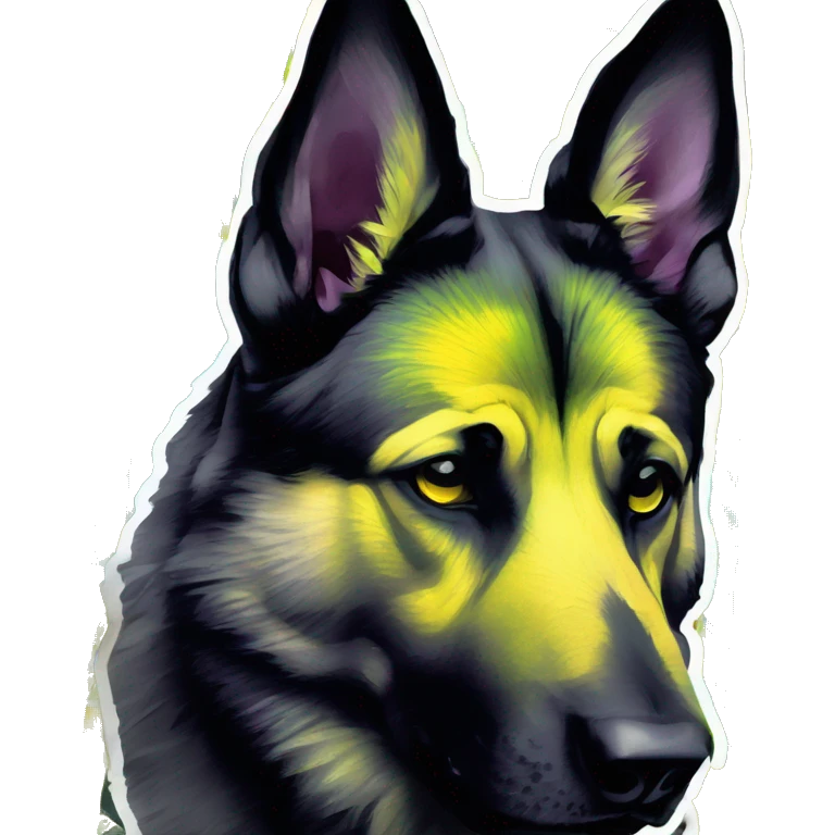 .Zombie_ Vaporwave black holographic oilslick zombie yellow German shepherd dog yellow caution tape graffiti neon yellow stripes emoji