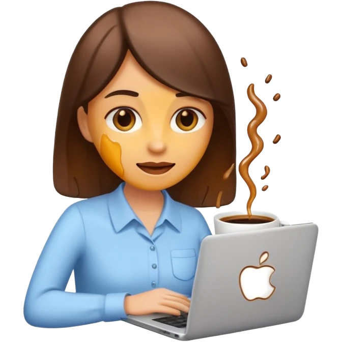 Office girl with laptop melting inside a coffee cup, funny emoji style. emoji