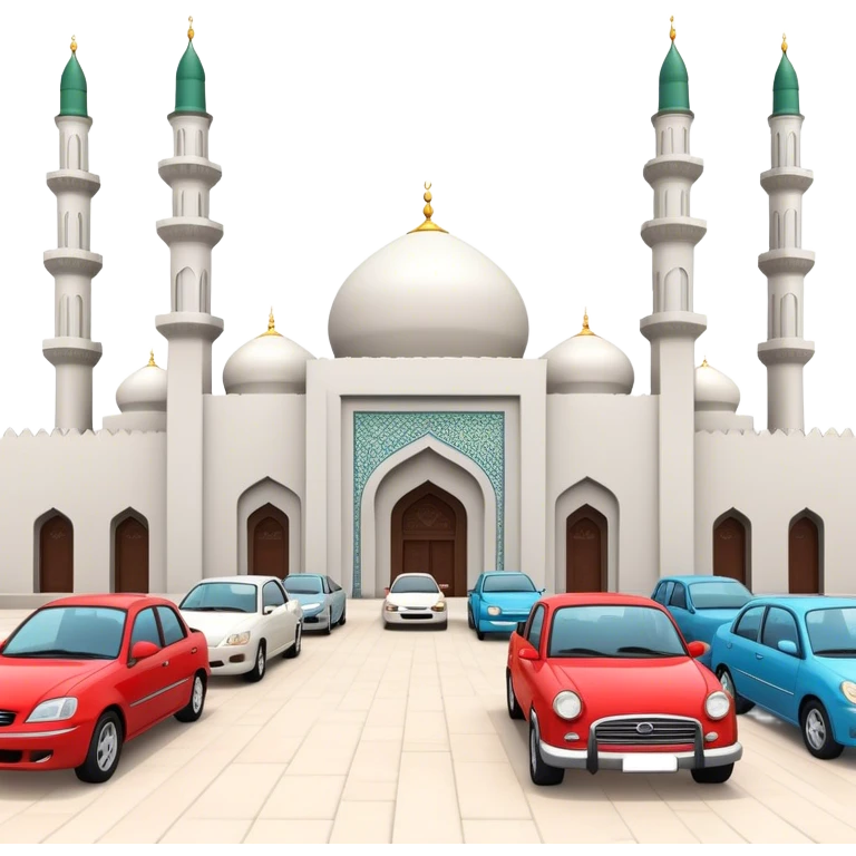 a view of cars parked in an orderly fashion outside a simple mosque. emoji