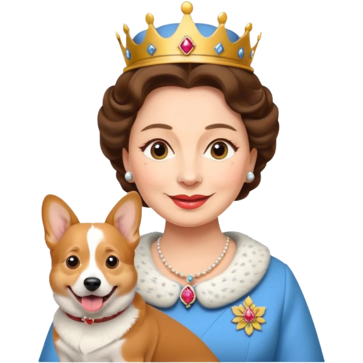 Queen Elizabeth II emoji, with corgi dog, cheerful emoji