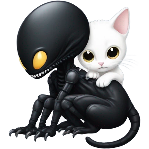 black Xenomorph hugs a white cat emoji
