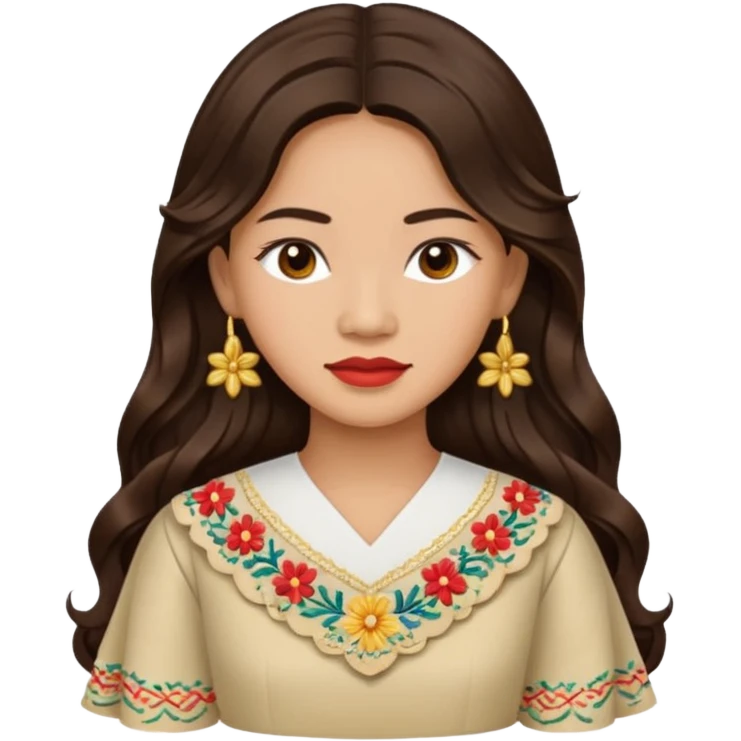 Filipino woman with long dark wavy hair parted in the middle wearing a traditional filipiniana emoji