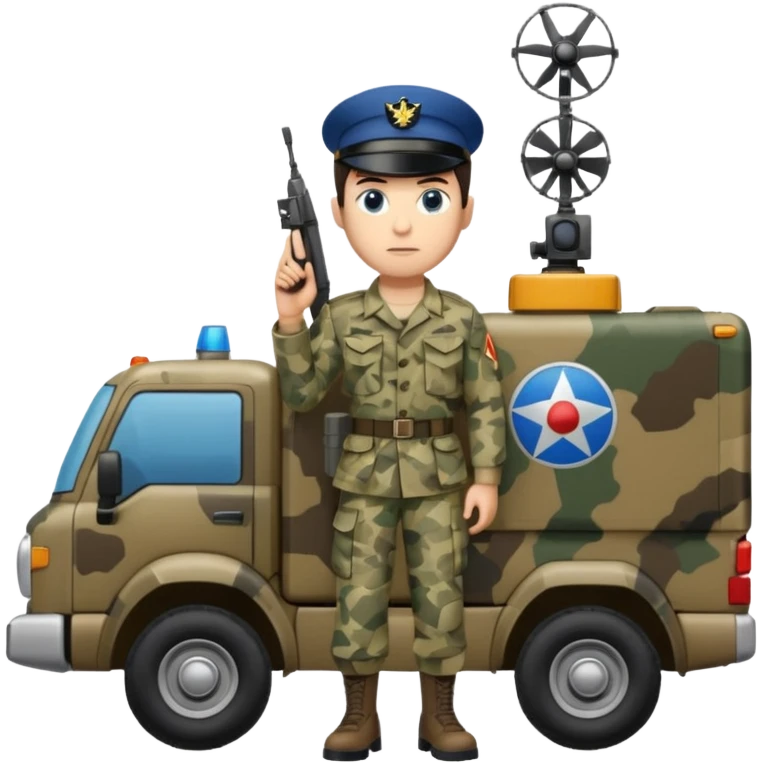 Full body of a dark haired blue eyed army man with radar truck weapon and wearing camo uniform  emoji