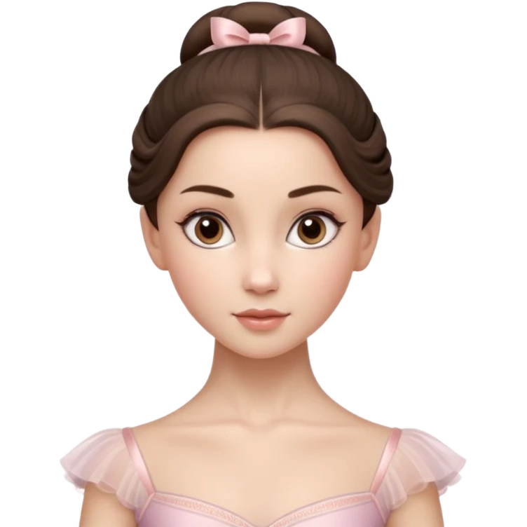 Cinematic Realistic ballerina Portrait, depicted with lifelike skin texture, subtle rosy undertones, and soft natural lighting that enhances the gentle contours of her face. Her intricately detailed sweet brunette hair is elegantly styled, emoji