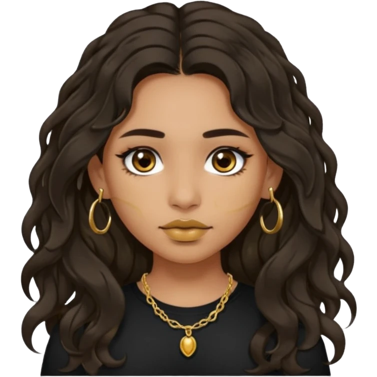 Girl with olive skin, very dark brown eyes and dark wavy long hair. wearing black shirt and gold septum ring emoji