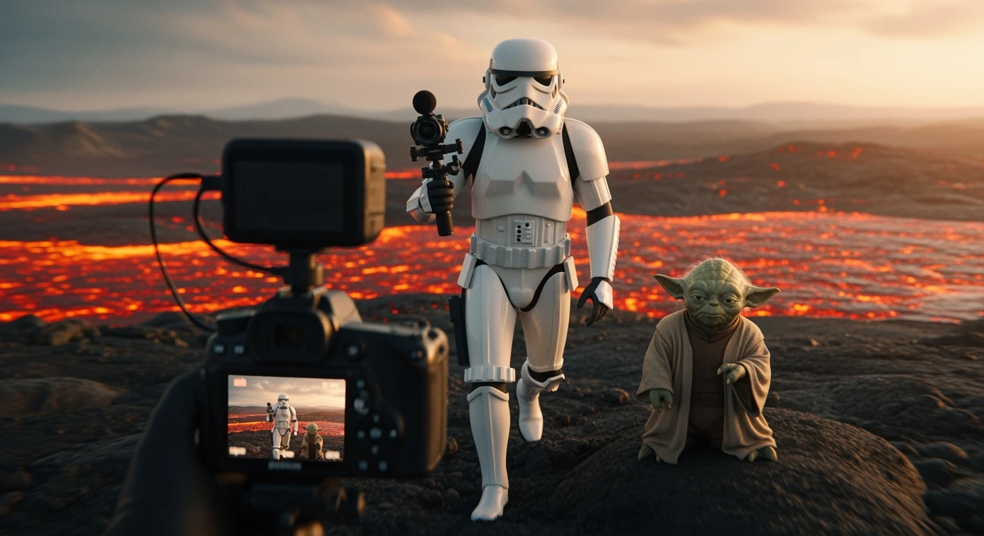 Camera POV, Starwars stormtroopers vlogging holding camera, he is walking on lava planet with yoda emoji