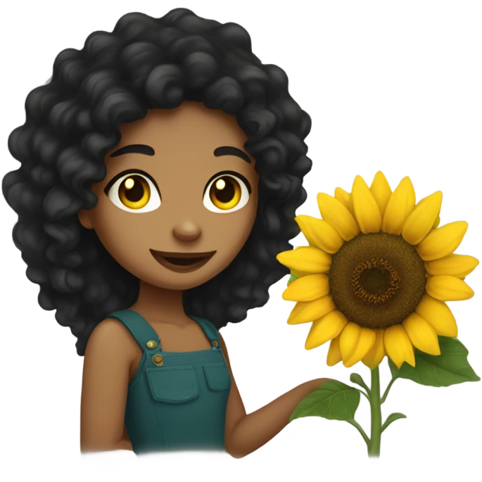 Long black Curly hair Girl holding sunflower . Her skin is tan she’s very pretty with cat eyes emoji