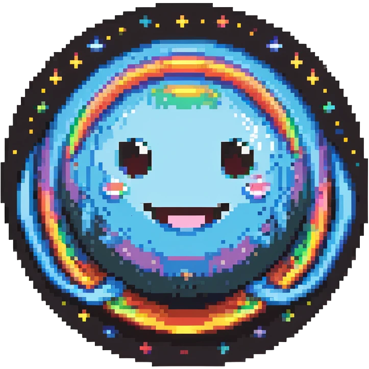 fantasy planet with rainbow rings and a cute smiling face emoji
