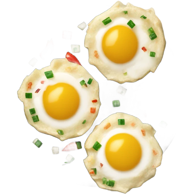 Two small circular egg white omelette bites with speckled red pepper and green onions emoji