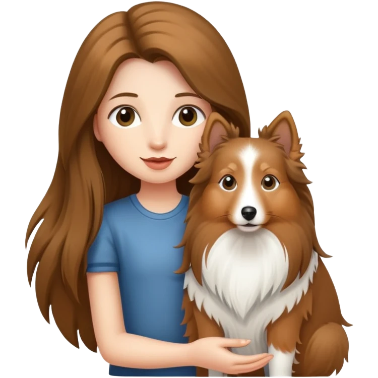 A long-haired girl holding a Shetland sheepdog emoji