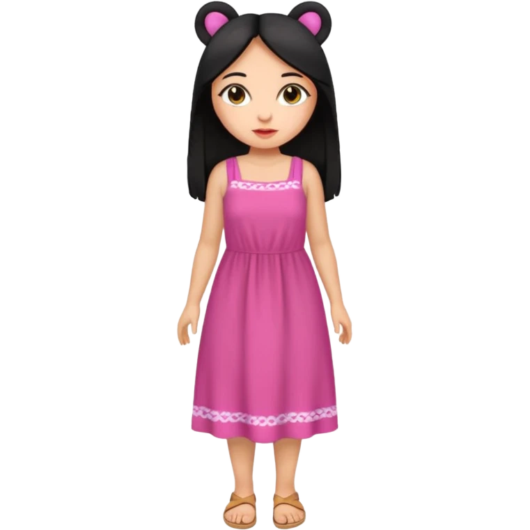 Gordita, ojos pequeños de color cafe oscuro, labios pequeños y rosados, piel trigueña, orejas pequeñas, cabello largo lazio y negro, pequeña. cuerpo completo. emoji