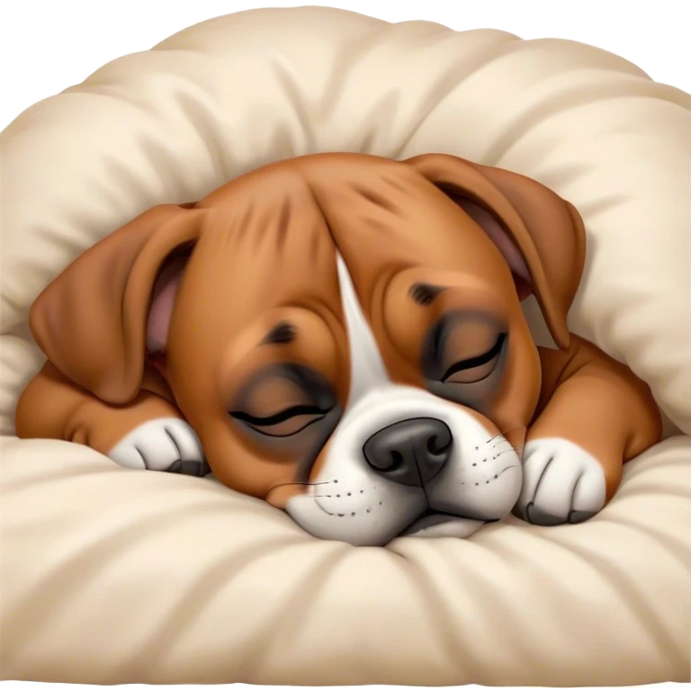 Cinematic Meme-Worthy cute Sleeping Boxer dog Portrait Emoji, Head resting peacefully with a contented smile, showcasing a delightfully cute build and a luxuriously soft fawn fur, eyes shut in a serene nap, Simplified yet hilariously adorable features, highly detailed, glowing with a soft, drowsy light, high shine, relaxed and utterly lovable, stylized with an air of playful laziness, bright and heartwarming, soft glowing outline, capturing the essence of a comically sleepy Boxer, so meme-worthy it feels like it could instantly become the next viral sensation of adorable slumber! emoji