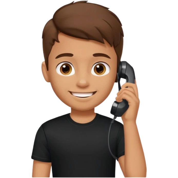 generate a pretty tan bratz boy smiling while talking on call. Wearing a black tshirt emoji