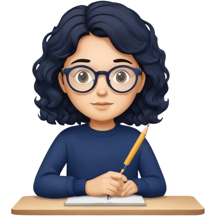 Reliable-looking designer with wavy black hair, round glasses, navy blue sweater, organized, holding pen with competent expression emoji