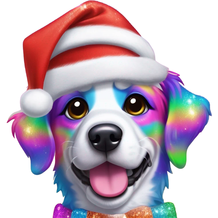 Lisa frank Christmas sparkle￼ dog with Santa hat emoji