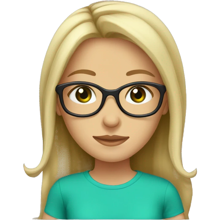 Girl, brown hair, blonde highlishts, green eyes, glasses, turquoise t-shirt emoji