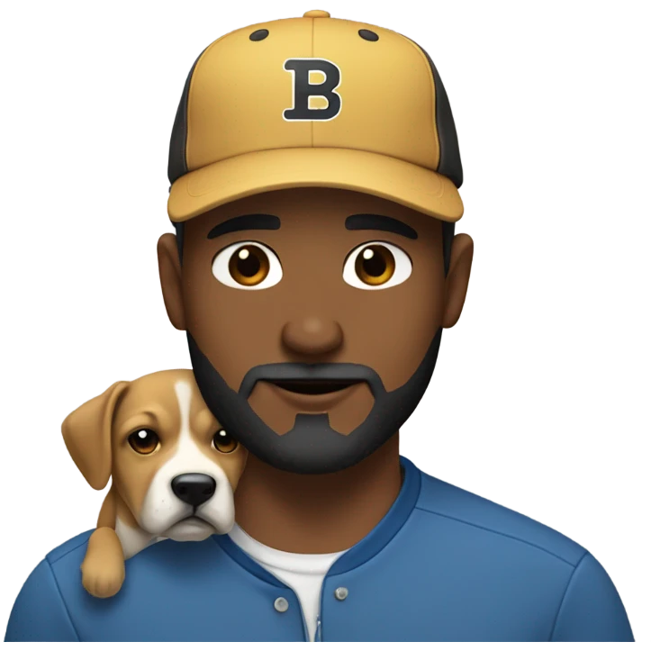 White Man wearing baseball cap with a black beard beard holding a black mouth cur dog emoji