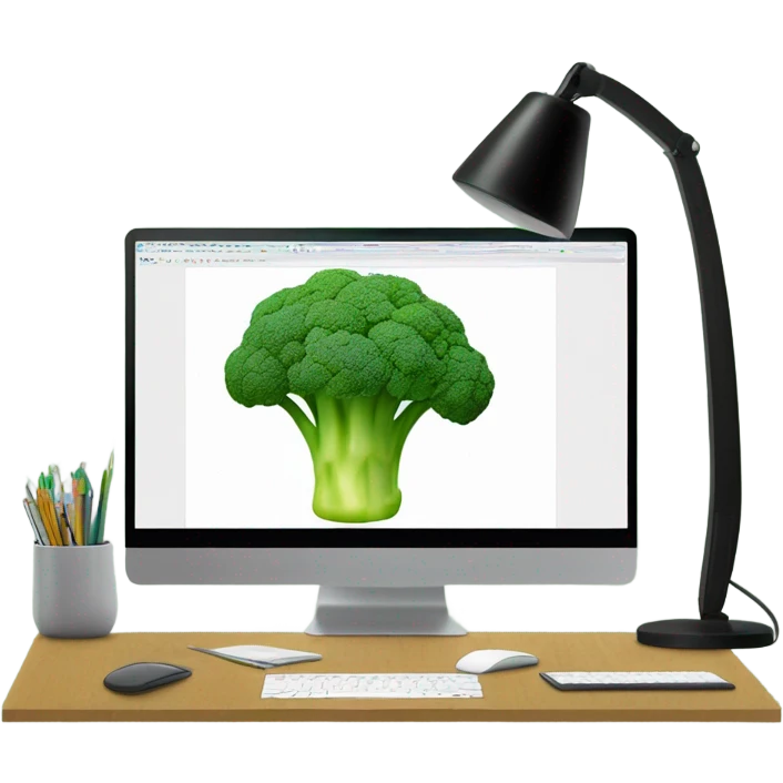 Generate a creative broccoli emoji sitting in front of a computer with a stylus, designing something on a screen. emoji