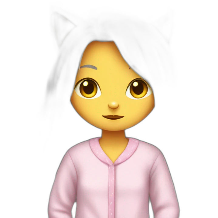 Cat-girl with long white hair yellow eyes in pajamas hiding emoji