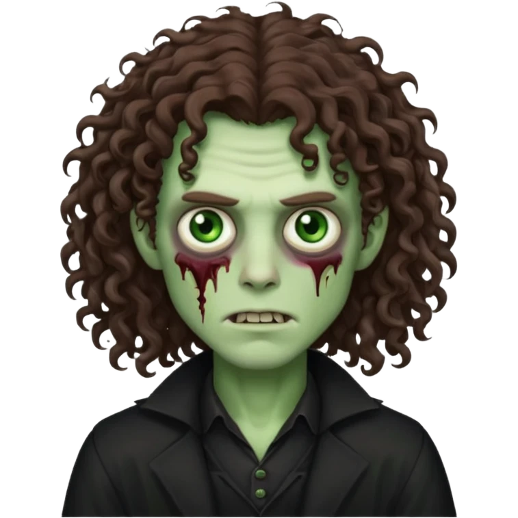 long curly haired male zombie with brown hair color and green eye color, with dark vampire clothes emoji