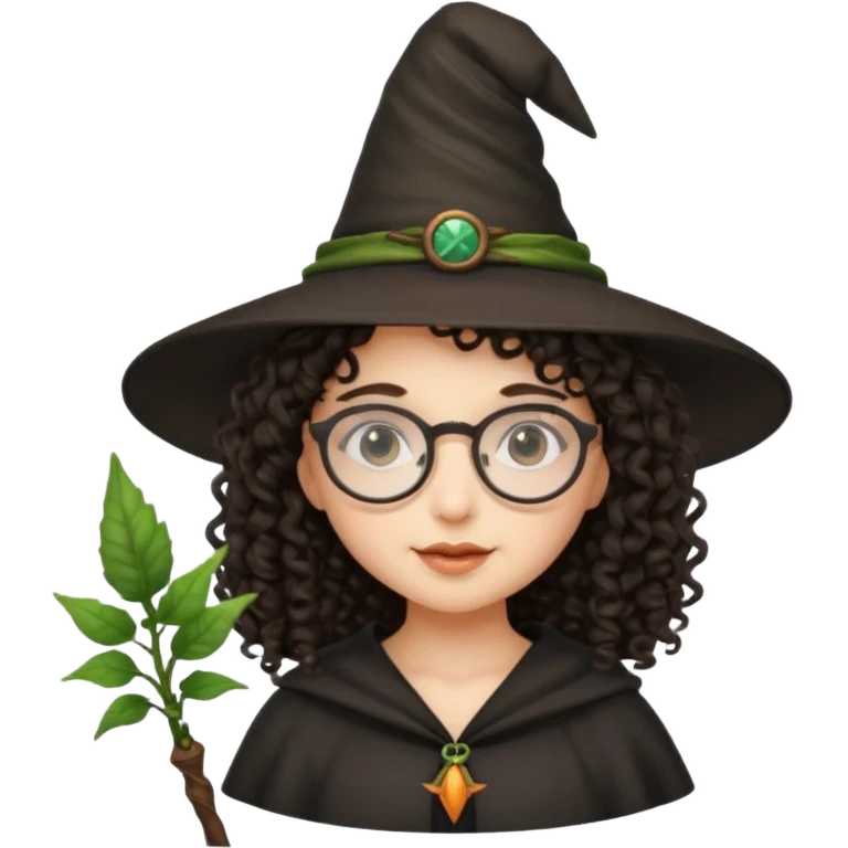 A dark curly haired girl with a witch hat, round glasses, and a plant wand emoji