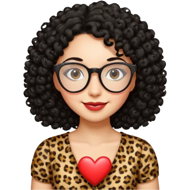 A women with a black curly hair and heart glasses, leopard print dress emoji