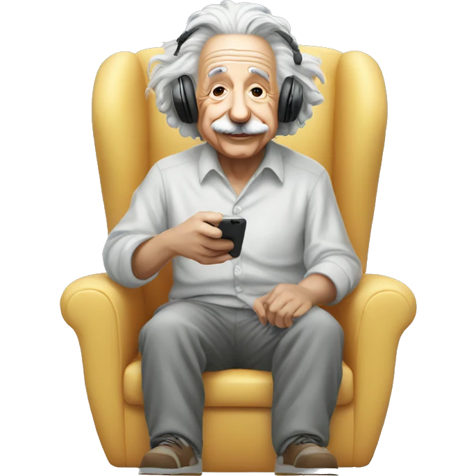 albert einstein happy listening music with wireless headphones while sitting on the chair emoji