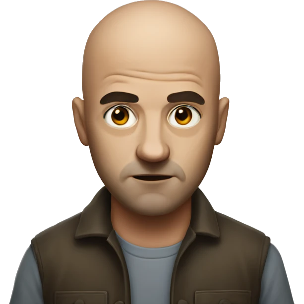 mysterious man, intense stare, photorealistic, bald, used emoji
