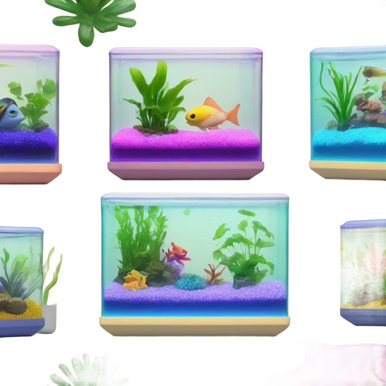 Rectangular fish tank, beige lid and wedges with green plants inside  and  fish in different neon colors (pink, yellow, purple, green, blue) emoji