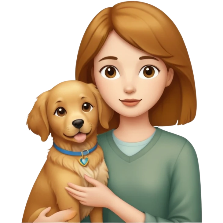 A beautiful short brown-haired girl holding a golden retriever emoji
