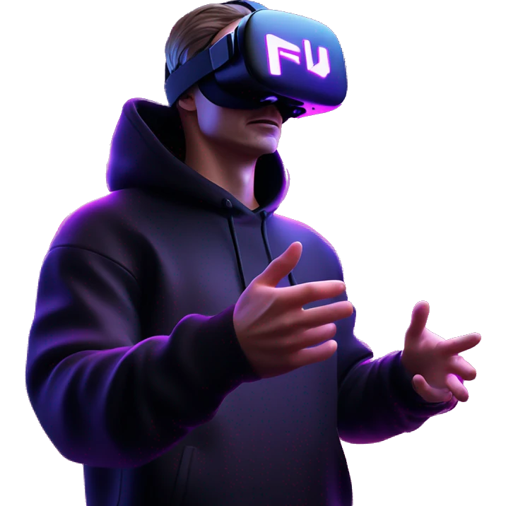 Russian man wearing a black hoodie with "OMG" letters on it and VR headset oculus quest 2 in a cyberpunk VR environment with violet neon lighting. Showing direction with hand emoji