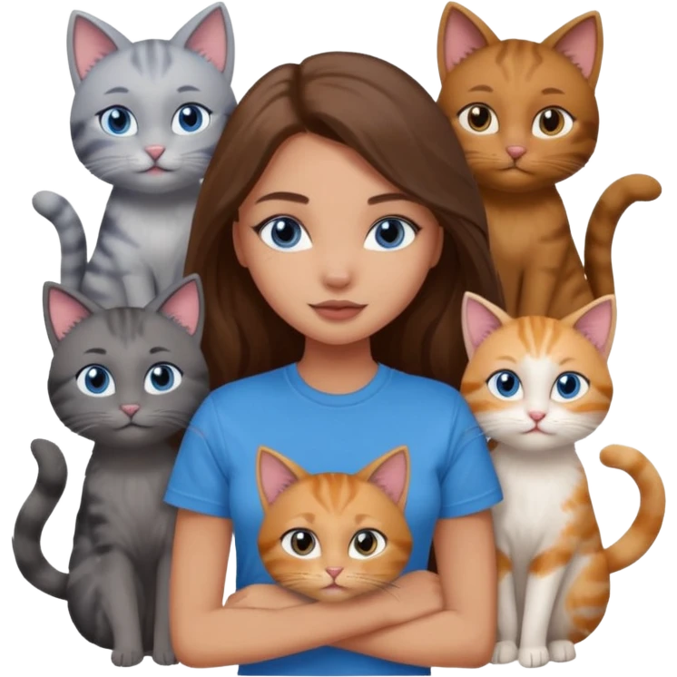 a pretty bratz dusky light skin girl with long brown hair, blue eyes with six cats nd wearing a grey tshirt emoji