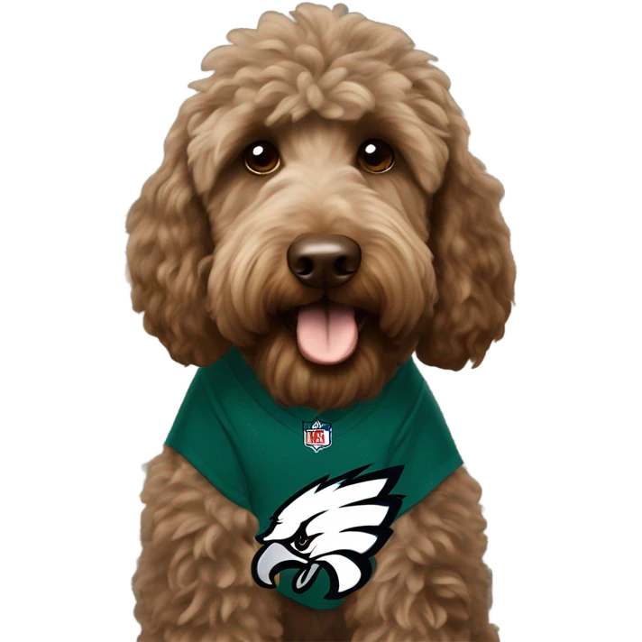 In love brown Labradoodle wearing a Philadelphia eagles shirt emoji