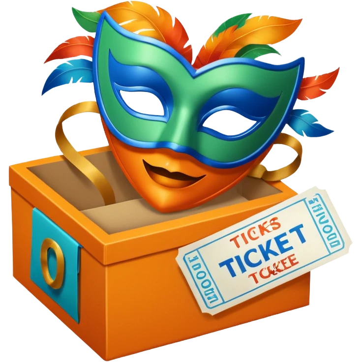 a box and a carnival mask in orange, blue and green with tickets as a bundle emoji