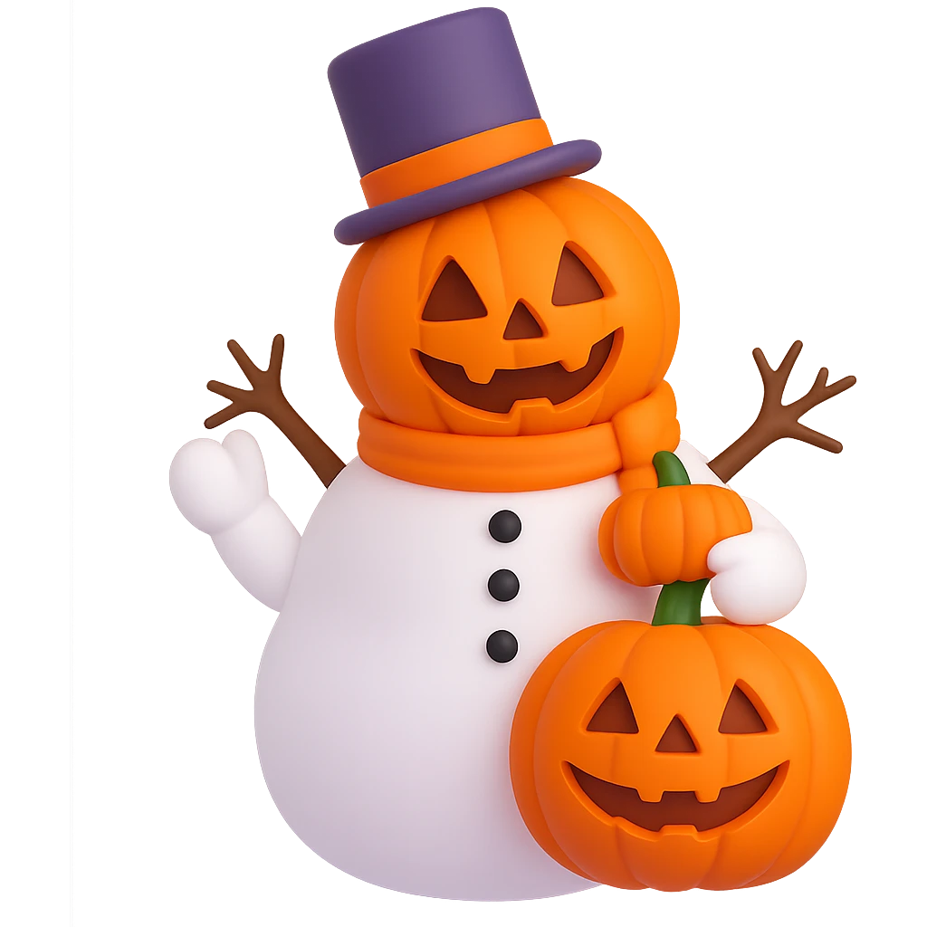 Change the snowman's head to a hollowed-out pumpkin while keeping the body like a classic snowman. Render in 3D emoji style. Remove the background. emoji