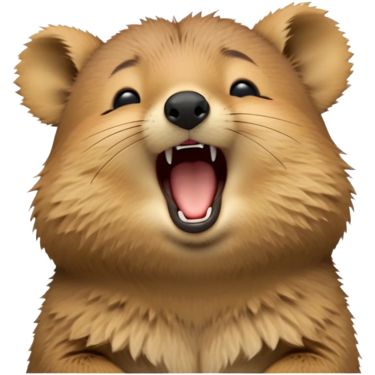 cinematic-realistic  yawning quokka-emoji,-small-round-frame, head tilted in an endearing manner, wouth wide open yawning, sleepy comical smile, round fluffy cheeks, giant-fluffy-cheeks-large-smile-fluffy-brown-fur-radiating-a-warm-softness,-big-round-eyes-filled-with-joy, realistic round  fluffy zoomed in, large black eyes one paw raised in the air emoji