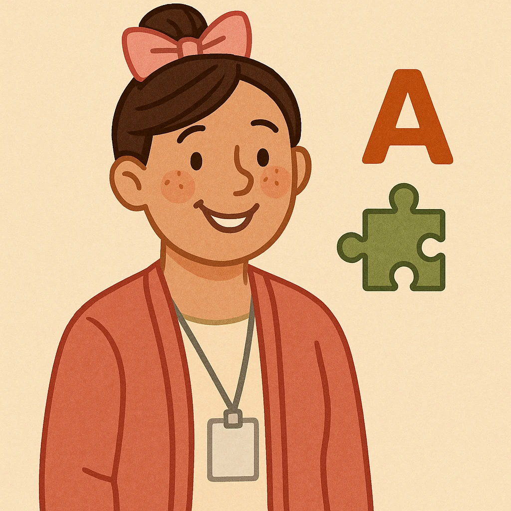 special education teacher with a pink bow in her hair, clear and friendly illustration style, warm expression, simple background emoji