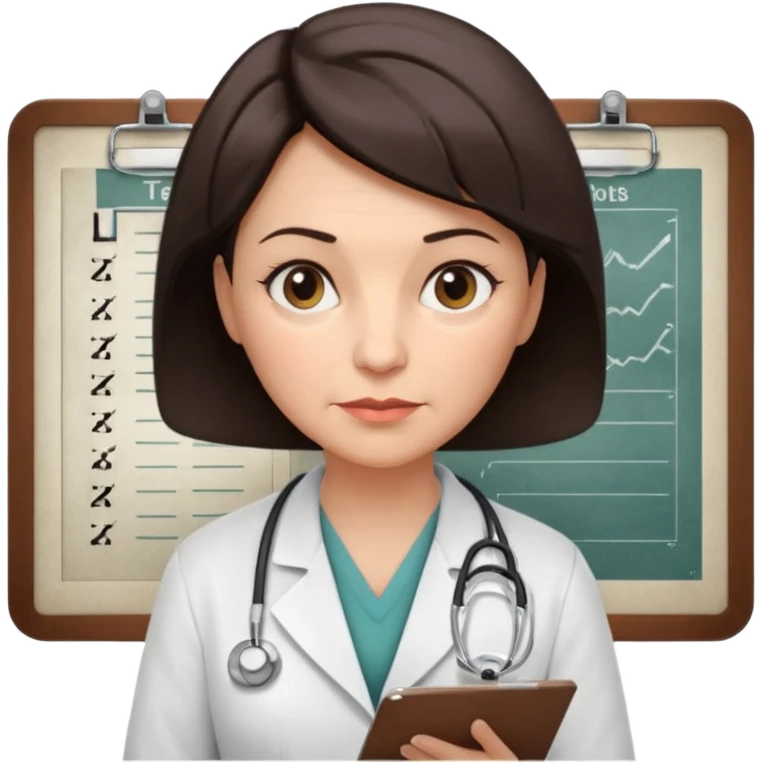 A female doctor in her 50s with visible facial wrinkles, dark brown short bob hair, her body turned slightly at an angle, with her gaze clearly directed downward and fixed on the medical chart she is reviewing. emoji
