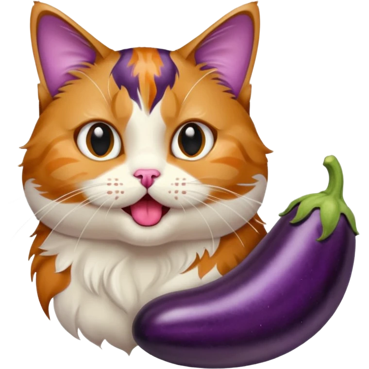 Hairy cat licking aubergine emoji