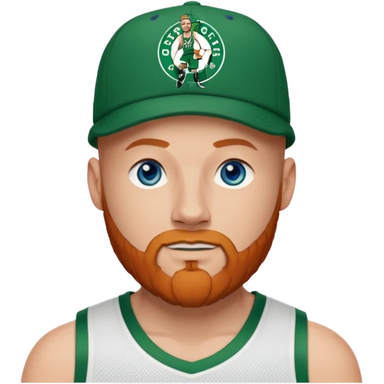 Bald white man with ginger beard, blue eyes in Tatum Boston Celtics basketball jersey. Show front of basketball Jersey and Boston Celtics basketball logo on cap emoji