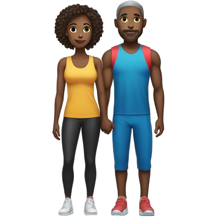 Emoji of a sporty couple, a man and a woman in athletic outfits, standing together in full body, holding hands, with Valentine's D emoji