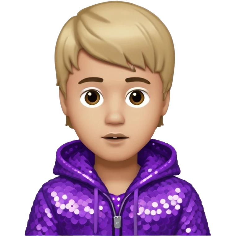 Justin Bieber with light skin, dark blonde hair, purple sequin outfit emoji