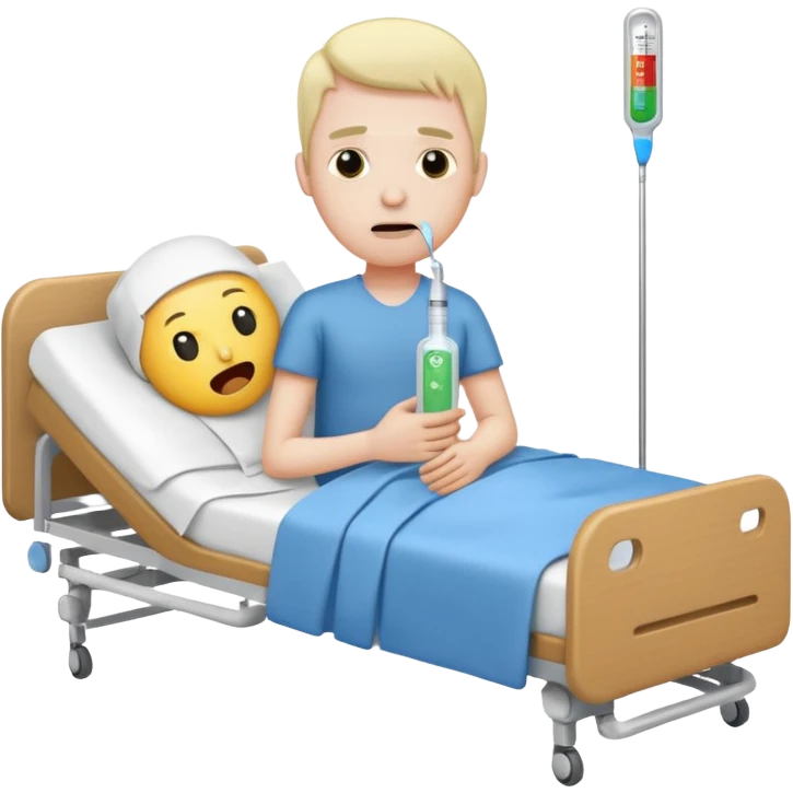 man sick in hospital bed full body thermometer in mouth emoji style tissues nearby emoji