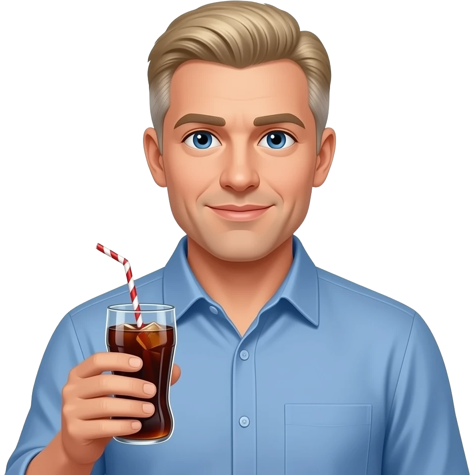 show me a white man in a blue button down shirt-- clean shaven -with blond salt and pepper hair holding a soda emoji