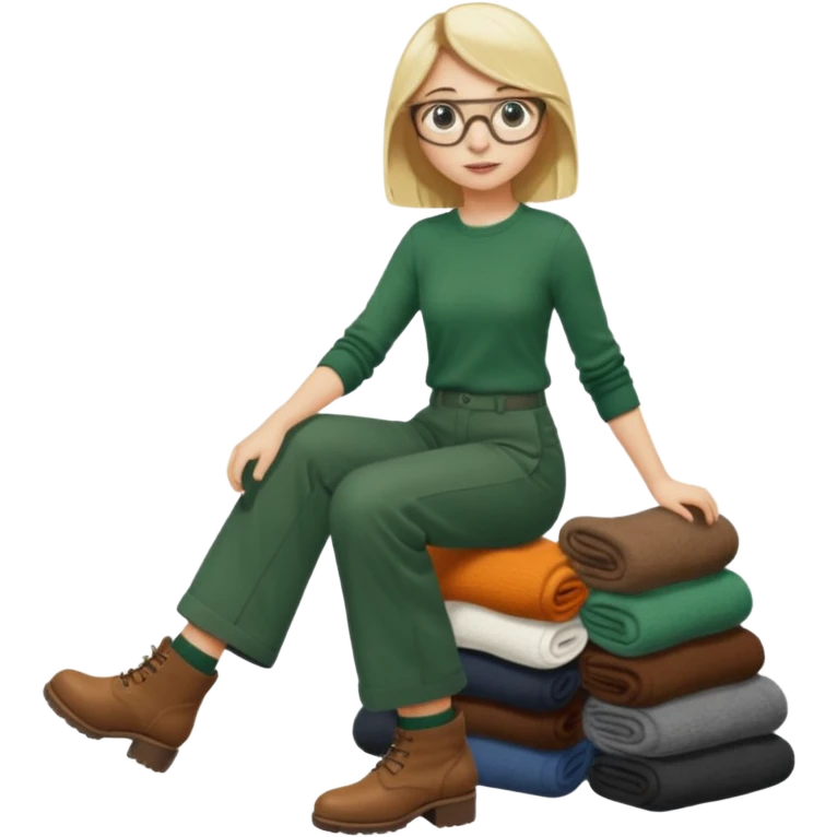 Fille blonde, pantalon ample vert foncé. Lunettes ronde fine. Bottines marrons. Elle pousse une cargaison de chaussettes  emoji