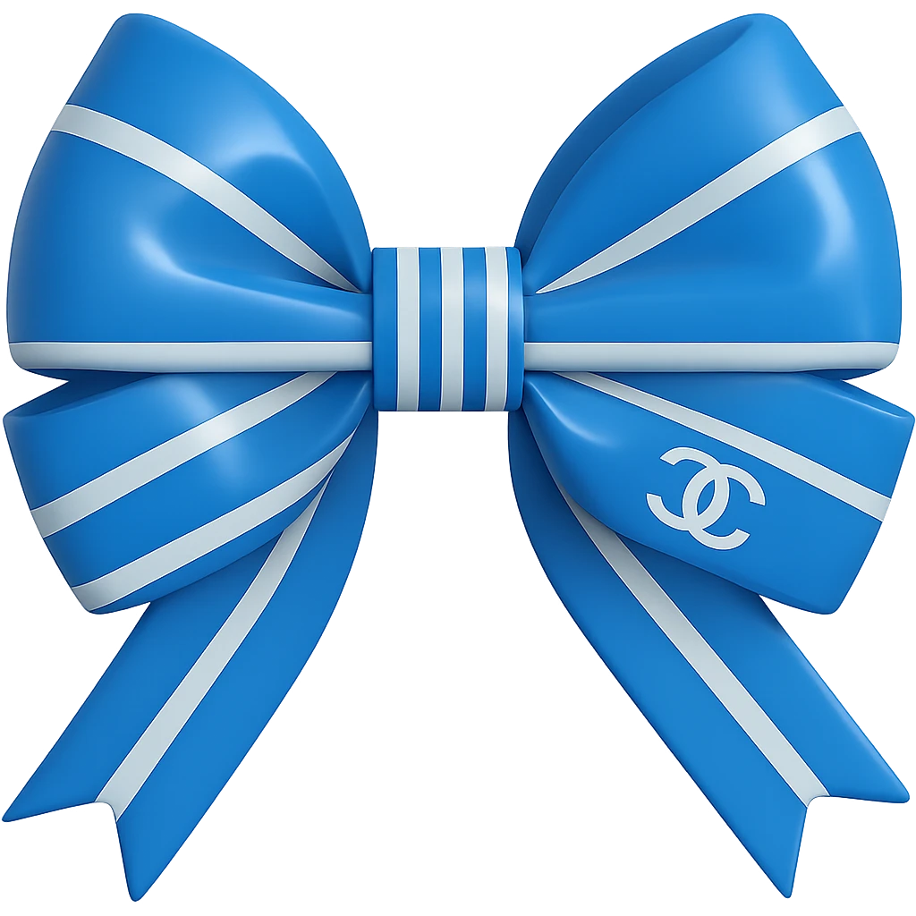 Change the striped bow to blue and white stripes, keep the small white Chanel logo visible, make the bow glossy in a 3D emoji style. Remove the background. emoji