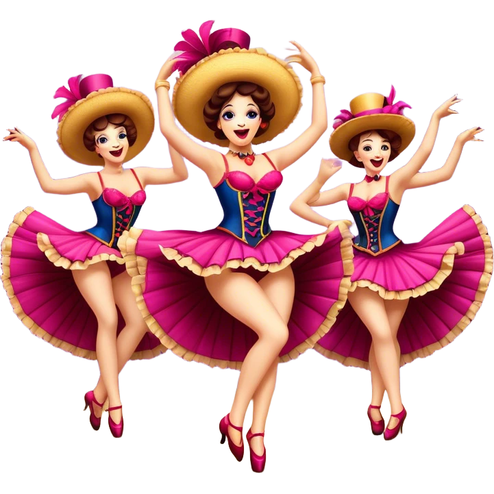 Cinematic Realistic Can-can Dance Emoji, depicted as a lively cabaret dance scene with flouncy costumes and dynamic energetic movement, rendered with vibrant textures and playful theatrical lighting that captures the spirit of French cabaret. emoji