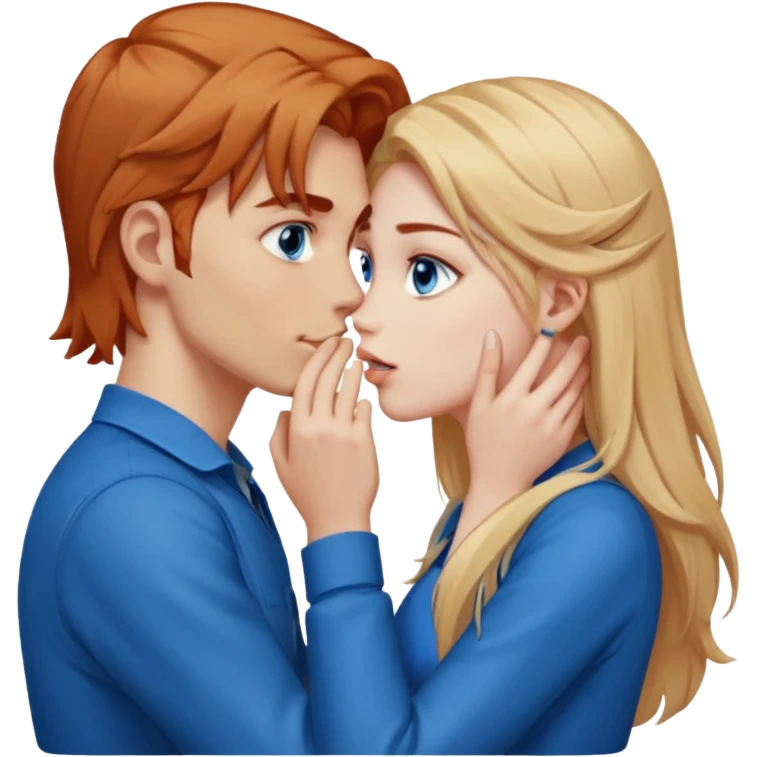 long blonde hair blue eyed gamer girl pink facing a reddish brownish hair, blue eyed, white male whose holding her face kissing  emoji